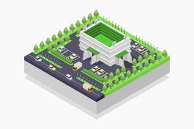 İzometrik şehir parkı vektör çizimi. Yollu, ağaçlı, sokaklı ve sokaklı şehir manzarası.