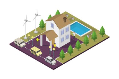 Arabalar ve ağaçlarla izometrik şehir manzarası