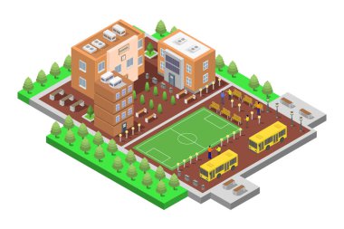 Futbol sahası olan izometrik bir ev. vektör illüstrasyonu