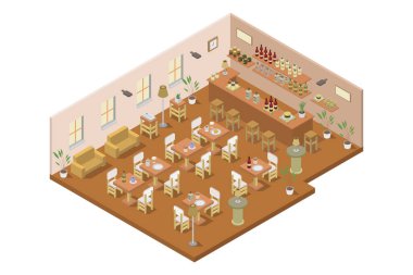 Mobilyalı ve yemek masalı izometrik yemek odası.