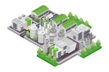 Ağaçlar, çimenler ve çalılarla izometrik şehir manzarası. vektör illüstrasyonu