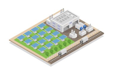 Yeşil enerjili güneş panelinin 3 boyutlu izometrik düz vektör çizimi. Güneş paneli, alternatif enerji ve elektrik kavramı