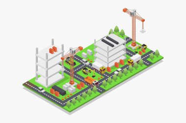 Yeşil ağaçlı izometrik şehir. vektör illüstrasyonu