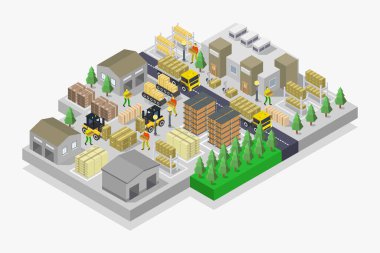 Şehir binaları, sokaklar, evler ve arabalarla izometrik vektör çizimi. 3D şehir manzarası.