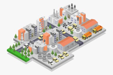 Binaları olan izometrik bir şehir. 3 boyutlu tasarım. vektör