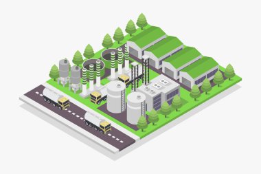 Fabrikası ve bitkisi olan izometrik vektör fabrikası.