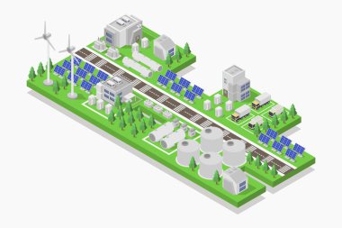 3D izometrik düz şehir ve çevrenin gösterimi - dost enerji