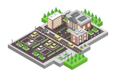 Ağaçlar ve binalarla izometrik şehir manzarası