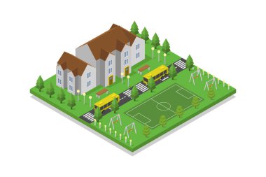 Evleri ve çim vektör çizimleri olan izometrik bir şehir. Vektör çizimi. şehir ve sokaklar.