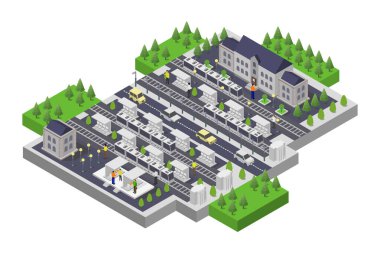 Ağaçları ve çalıları olan izometrik şehir binası. şehir manzarası. şehir altyapısı ve şehir altyapısı. vektör illüstrasyonu