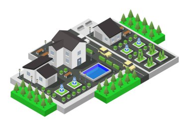 Ağaçlı izometrik bina