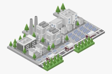 Şehir, bina, ev, araba ve caddelerle modern kentsel manzaranın izometrik çizimi.