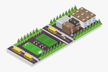 Yeşil çimenler ve ağaçlarla izometrik şehir parkı. vektör illüstrasyonu.