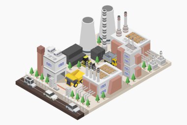 Binaları ve fabrikaları olan 3 boyutlu izometrik şehir.