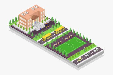 İzometrik şehir manzarası, evi ve ağaçları olan şehir manzarası. vektör