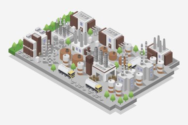 Kentin birçok ağaç, bina ve diğer binalarla üç boyutlu çizimi