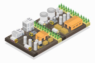 Endüstriyel bitki ve ağaç vektör illüstrasyonuyla izometrik şehir