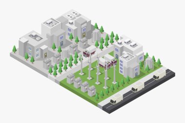 İzometrik şehir, ağaçlı şehir parkı. 3d görüntüleme, vektör illüstrasyonu.