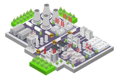 Yeşil ağaçlı endüstriyel şehir binalarının 3 boyutlu izometrik çizimi.