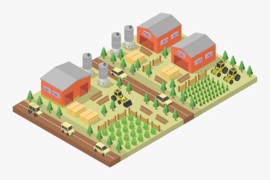 Çiftliği, tarlası, ağaçları ve ahşap çatısı olan izometrik vektör çiftliği.