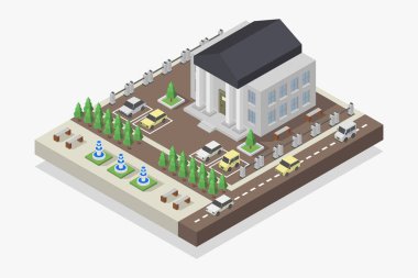 Ağaçlar ve bitkiler vektör illüstrasyonlu izometrik bina