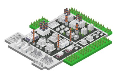 İzometrik fabrika, endüstriyel yapı, vektör