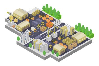 Sokakları ve ağaçları olan binalarla izometrik şehir kompozisyonu