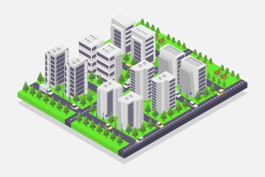 Ağaçları ve caddeleri olan izometrik şehir binaları. vektör illüstrasyonu