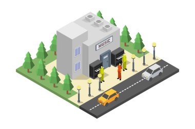 Otomobil ve park araçları vektör illüstrasyonuyla izometrik kompozisyon