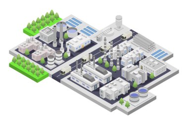İzometrik vektör çizimi. Sanayi fabrikası, üretim.