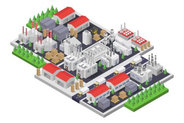 Binaları olan izometrik bir şehir. sokakları ve evleri olan kentsel ve modern şehir manzarası