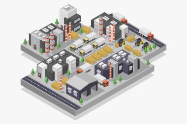 Arabaları ve şehir binaları olan vektör izometrik fabrika binası. düz 3d vektör illüstrasyonu.