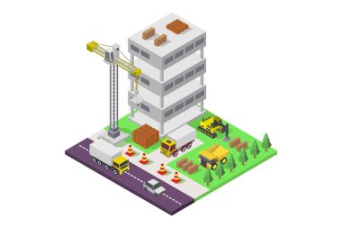 3 boyutlu izometrik vinç, inşaat ve inşa çizimi düz vektör kavramı