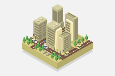 Şehir binaları ve ağaçlarıyla izometrik şehir manzarası. vektör illüstrasyonu