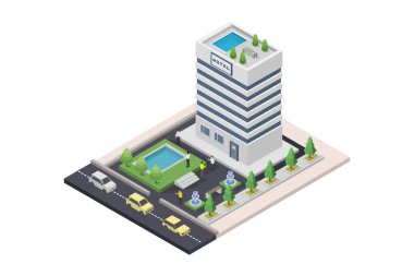 Bir şehri olan izometrik ofis binası, vektör illüstrasyonu