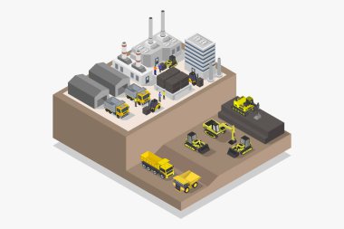 Sanayi binalarının izole edilmiş nesneleriyle izometrik fabrika bileşimi vektör illüstrasyonu