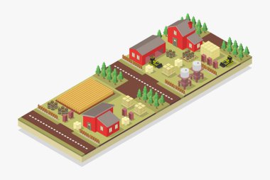 Ağaçlar, çimenler, tarlalar ve çayırlarla izometrik çiftlik arazisi, vektör illüstrasyonu