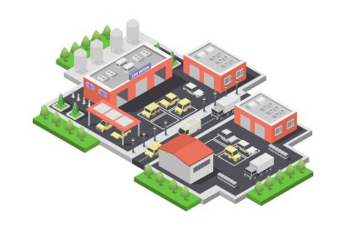Binaları ve arabaları olan izometrik şehir ofisi