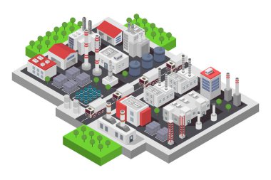 İzole edilmiş bina ve bitki vektör illüstrasyonuna sahip fabrika izometrik bileşimi