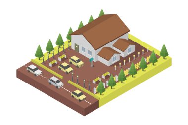 Ağaçlar ve otlarla izometrik şehir manzarası