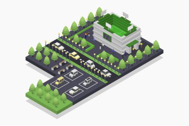 Modern bir şehrin izometrik çizimi, bir ev, çatılı bir ev, yeşil çatılı bir çatı.