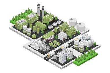 İzometrik şehirli bir fabrika. 3d vektör illüstrasyonu