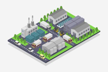 Yeşil ve sarı renkli izometrik sanayi binası, fabrika yapımı ve sanayi tesisi, vektör illüstrasyonu