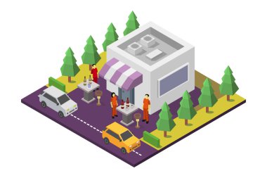 İzometrik araba park yeri ve araçlar vektör çizimi