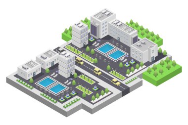 Yeşil sokakları, caddeleri ve binaları olan şehrin izometrik çizimi. vektör illüstrasyonu.
