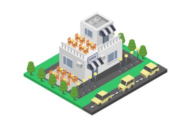 İzometrik kentsel yapı bileşimi vektör illüstrasyonunun izole ögelerine sahiptir