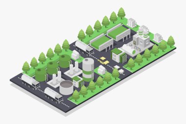 Modern şehrin, fabrikanın izometrik vektör çizimi. Sanayi binası, fabrika binası ve yeşil ağaçlar.