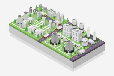 İzometrik şehir ve altyapı. Vektör çizimi. Gökdelenler, binalar, binalar, arabalar, yollar, yollar, altyapı,