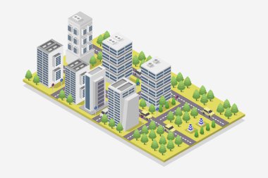 Bir şehir, ağaçlar, evler ve gökdelenleri olan sokakları olan izometrik şehir manzarası.