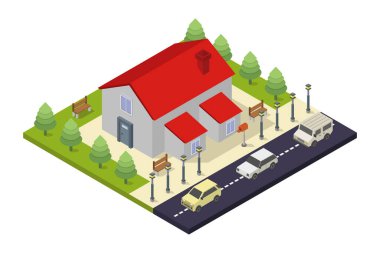 Küçük yolu olan bir şehrin izometrik vektör çizimi